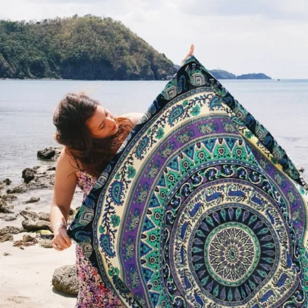 Purple Green Floral Boho Round Beach Blanket Tablecloth Tapestry Decor NEW